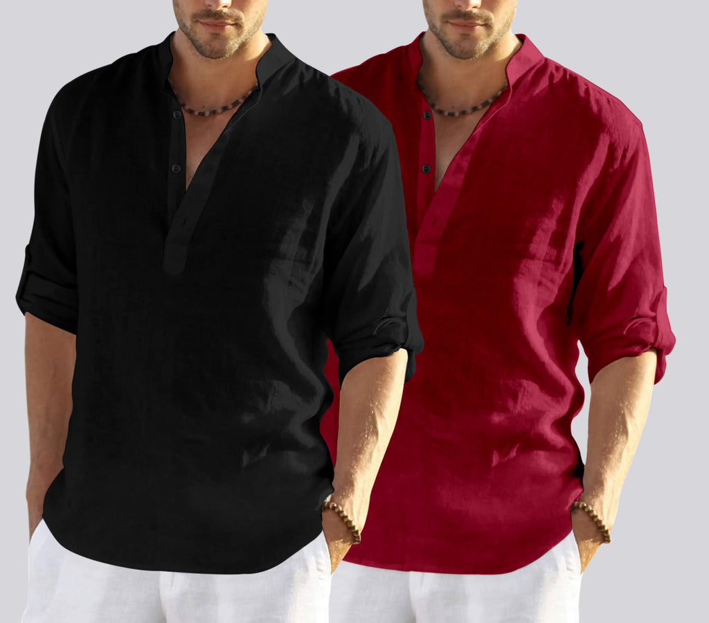 Bellstone MenS Cotton Blend Solid Regular Dress Shirt (Kurta800_Combo_Black_Maroon_Xl