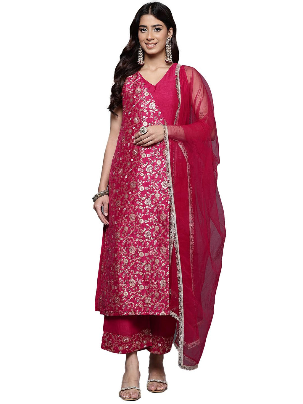 Varanga Women Brocade Angrakha Style Kurta Paired With Tonal Bottom And Dupatta
