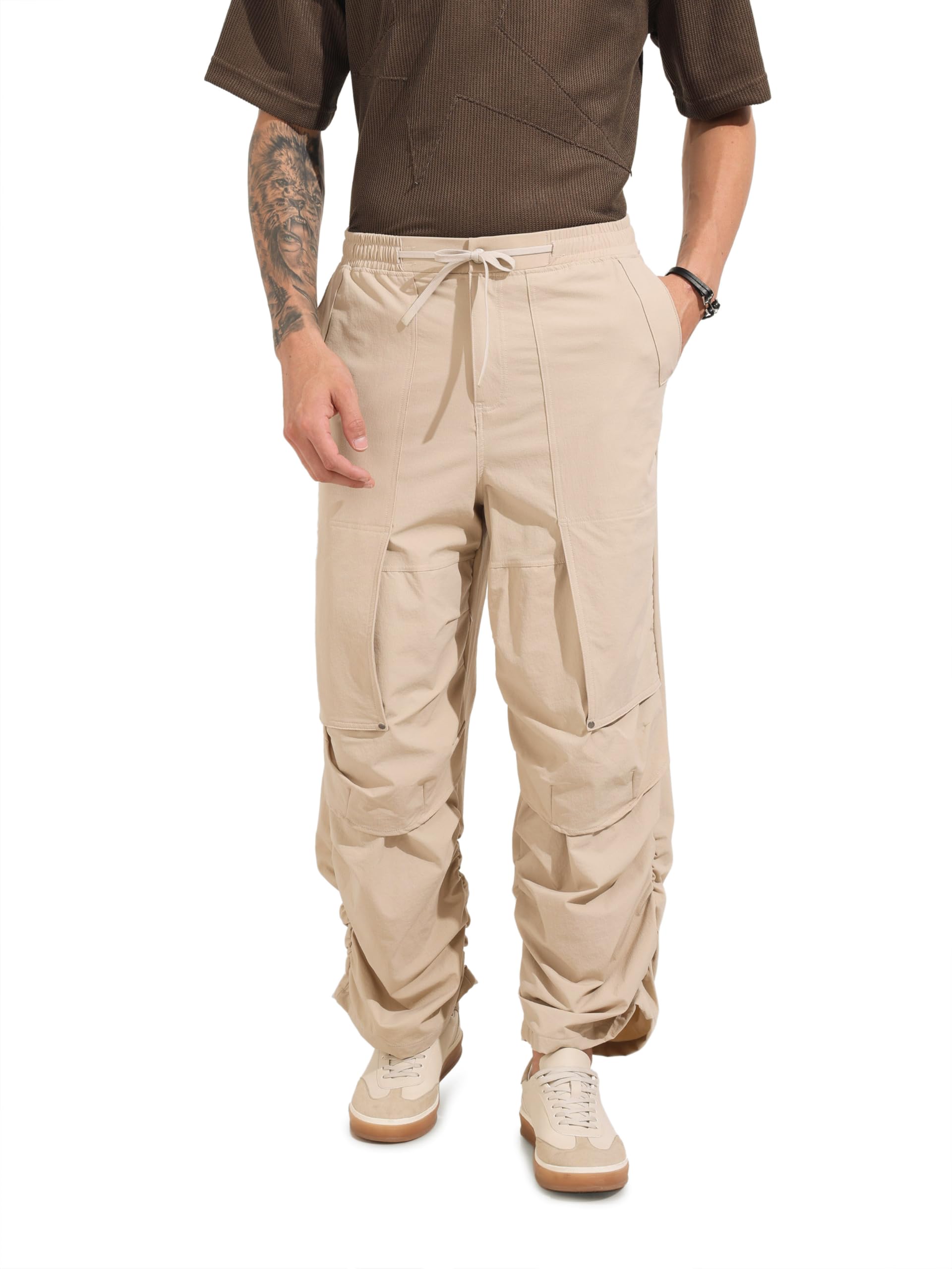 The Indian Garage Co Mens Mid-Rise Stretchable Baggy Parachute Trousers Pants