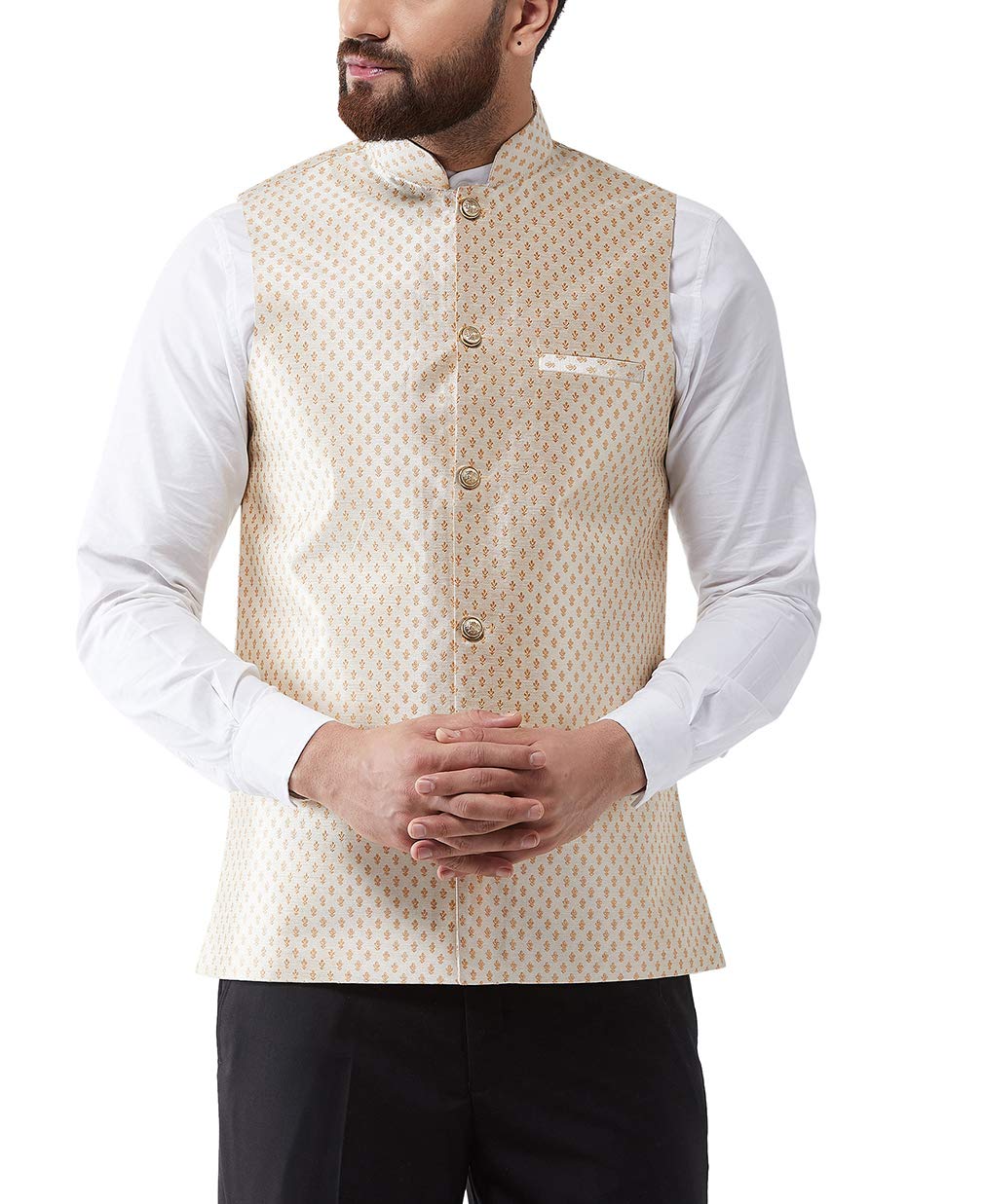 Sojanya (Since 1958, Mens Silk Blend, Beige & Gold Embroidered Nehru Jacket, Size: 44