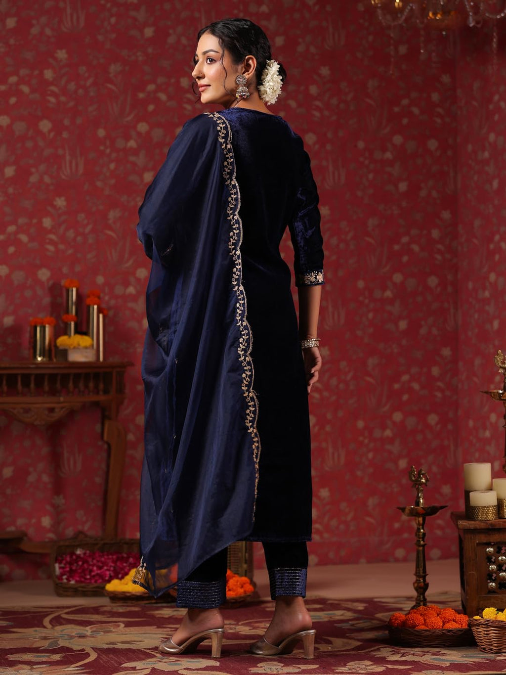 ishin Womens Velvet Embroidered Navy Blue Straight Kurta Suit Set with Trousers and Dupatta