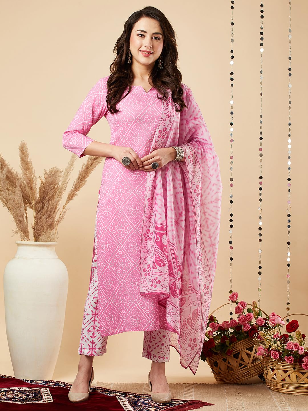 ANNI DESIGNER Ladies Cotton Blend Dupatta Kurta Trousers, magenta, M