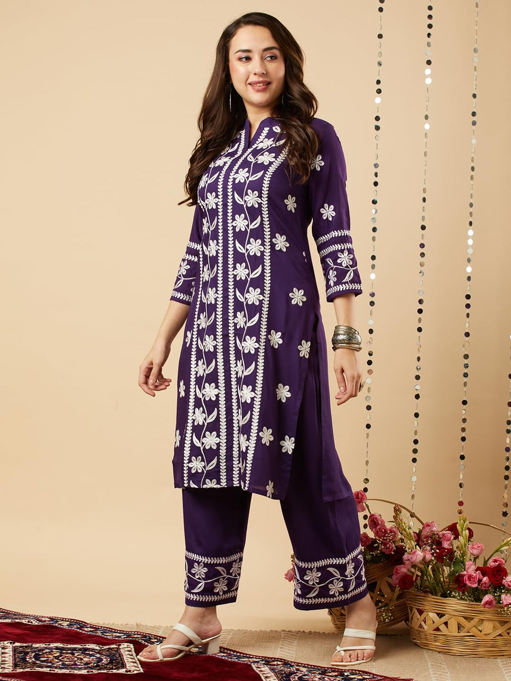 ANNI DESIGNER Womens Cotton Blend Straight Chikankari Embroidered Kurta with Palazzo Set (LKO Purple-NW_XL_Purple_X-Large)
