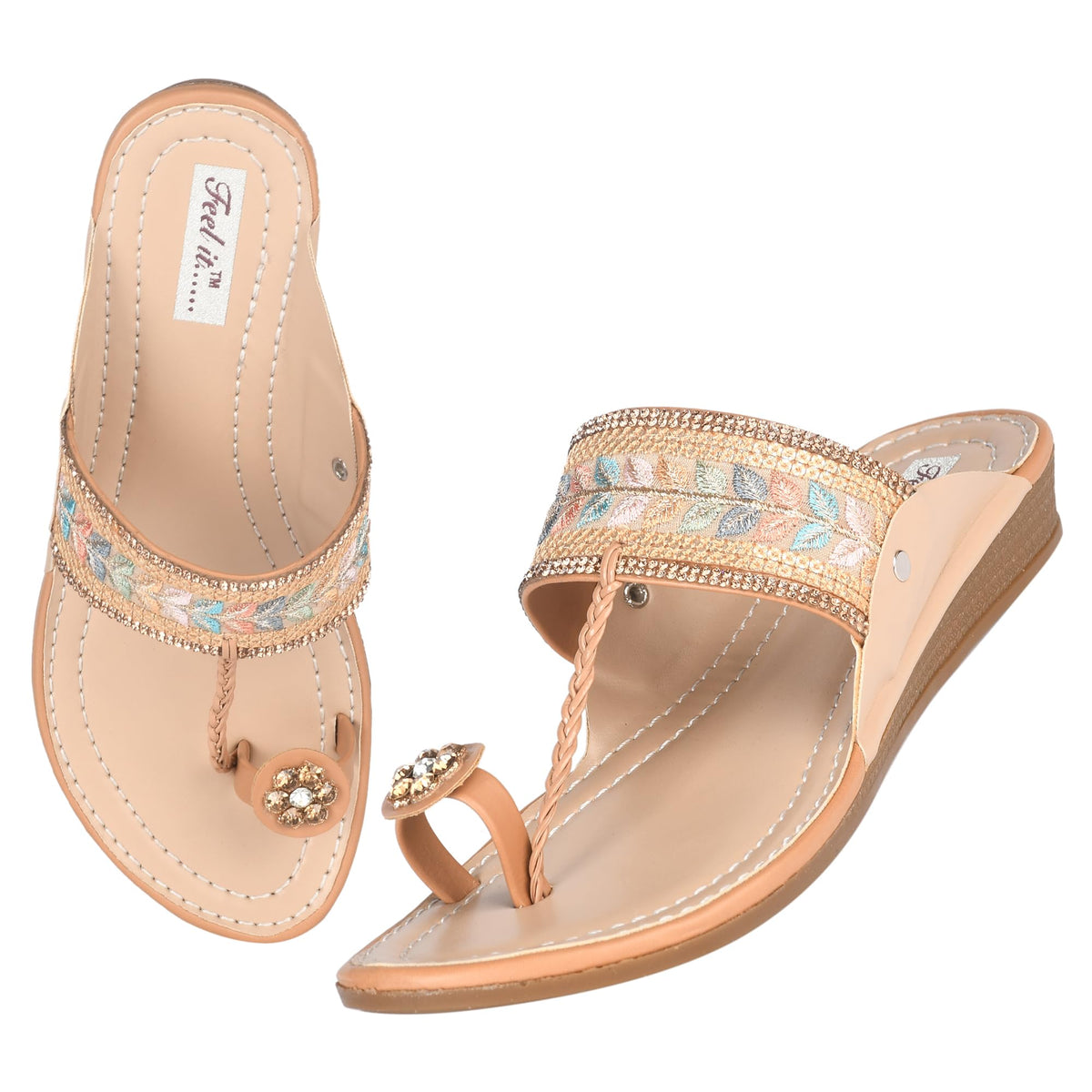 Feel it Women Casual One Toe Flats Sandal, Womens Embroidered Ethnic Flat Slip on Sandals Slippers 5-38