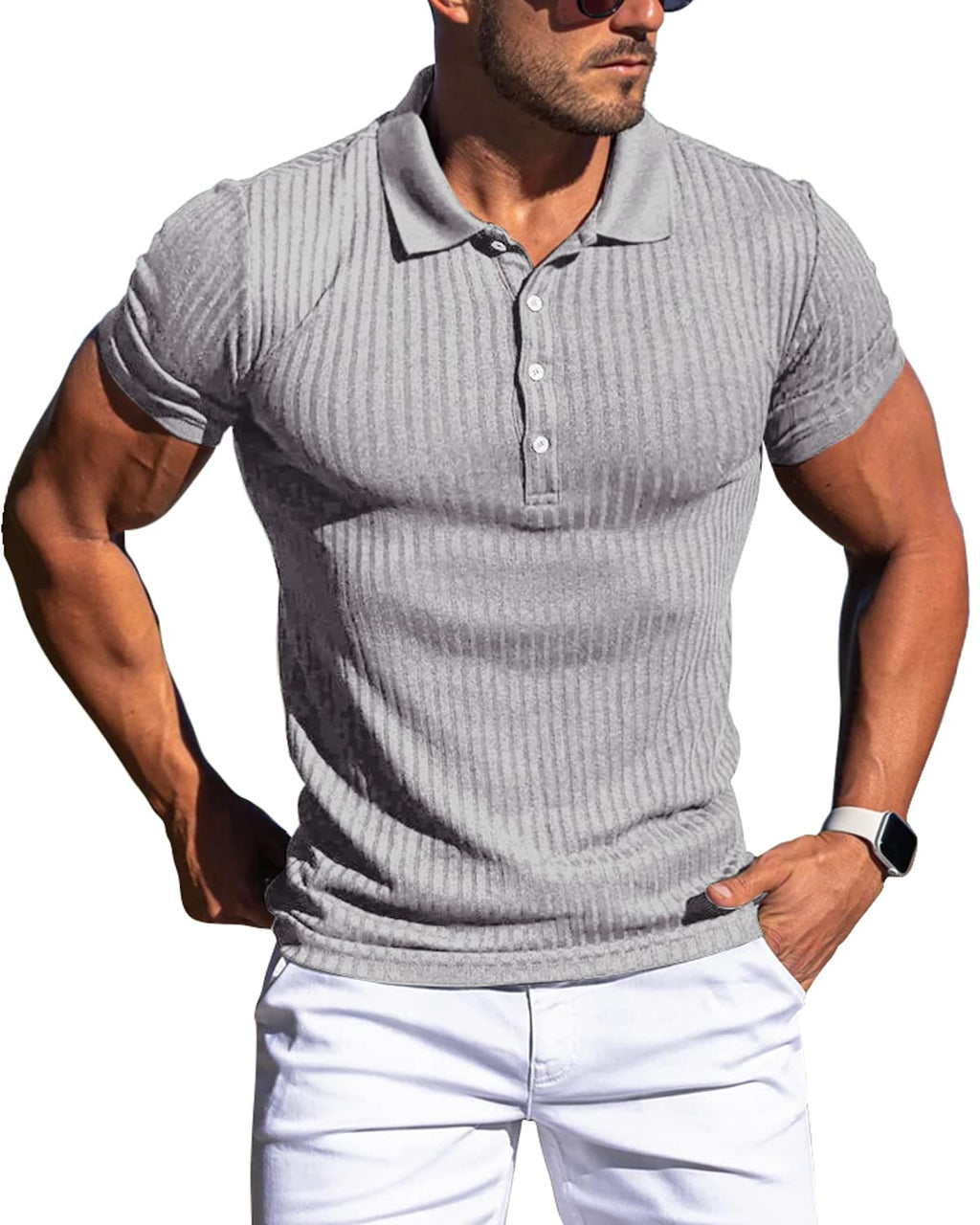 Muscle Polo Shirts for Men Slim Fit Short Sleeve Golf Shirts Men Dry Fit Shirts Casual Stylish Clothes Light Grey
