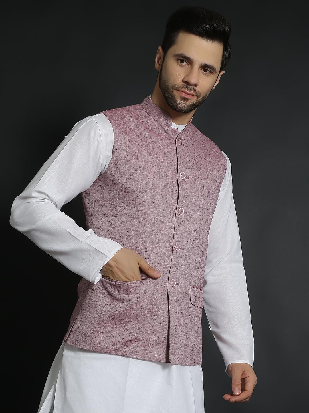 Wintage Men'S Linen Cotton Red Modi Nehru Jacket : X-Small