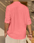 Zombom MenS Cotton Blend Solid Full Sleeve Short Kurta Shirt With Mandarin Collar Peach