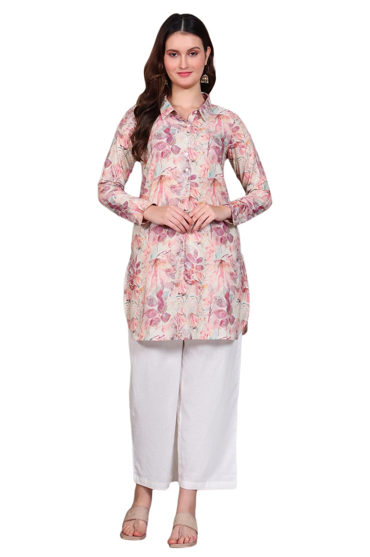 Aurelia Womens Dusty Pink Leaf Printed Cotton Shimmer Curved Kurti (Size: M)-A30508-508950