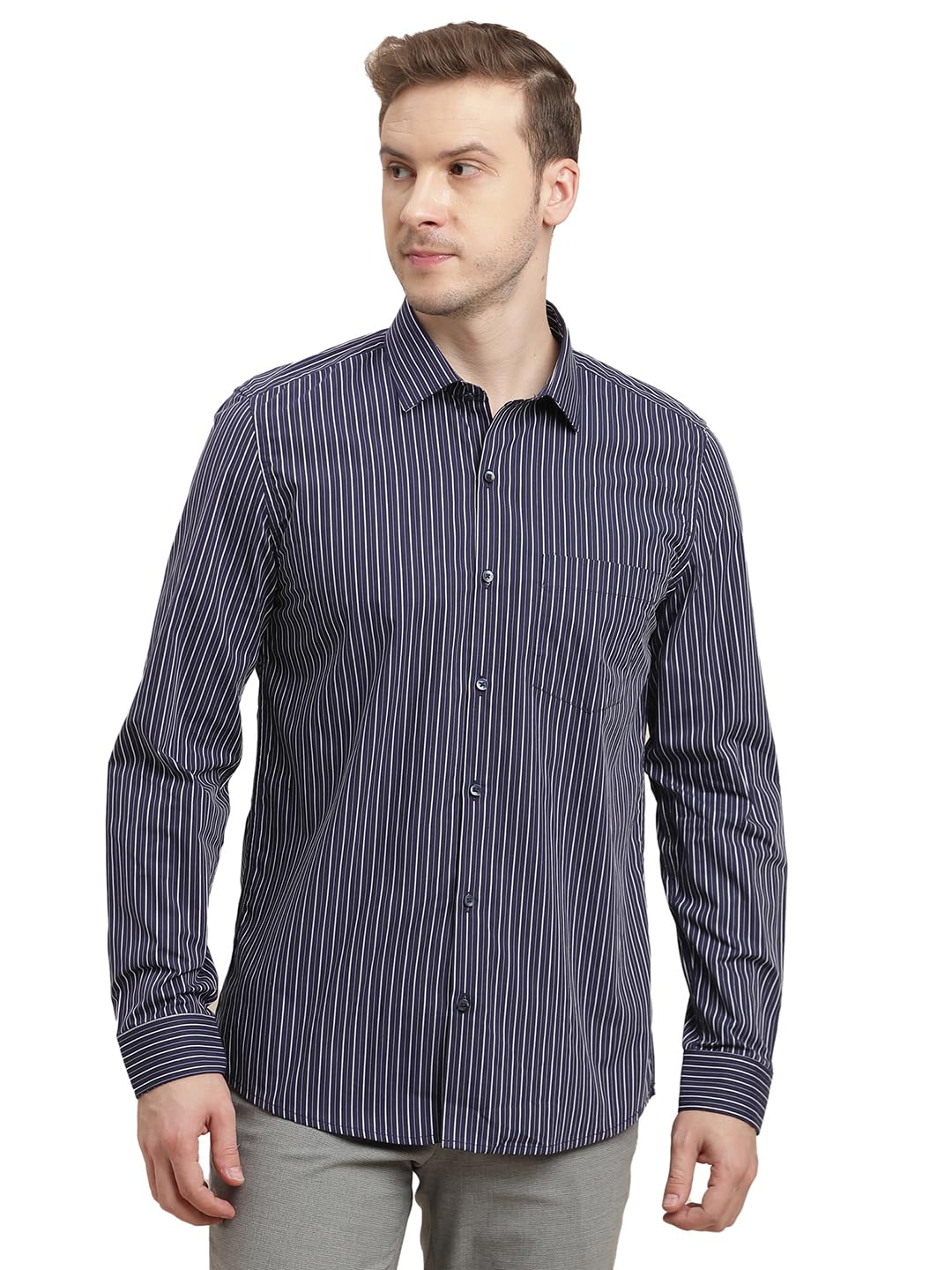 Turtle Men 100% Cotton Slim Fit Blue Striped Full Sleeve Formal Shirt