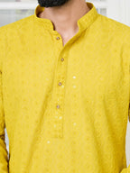 See Designs Mens Full Sleeve Mandarin Collar Yellow Embroidered Rayon Straight Long Kurta - Festive Collection | Dussehra & Diw