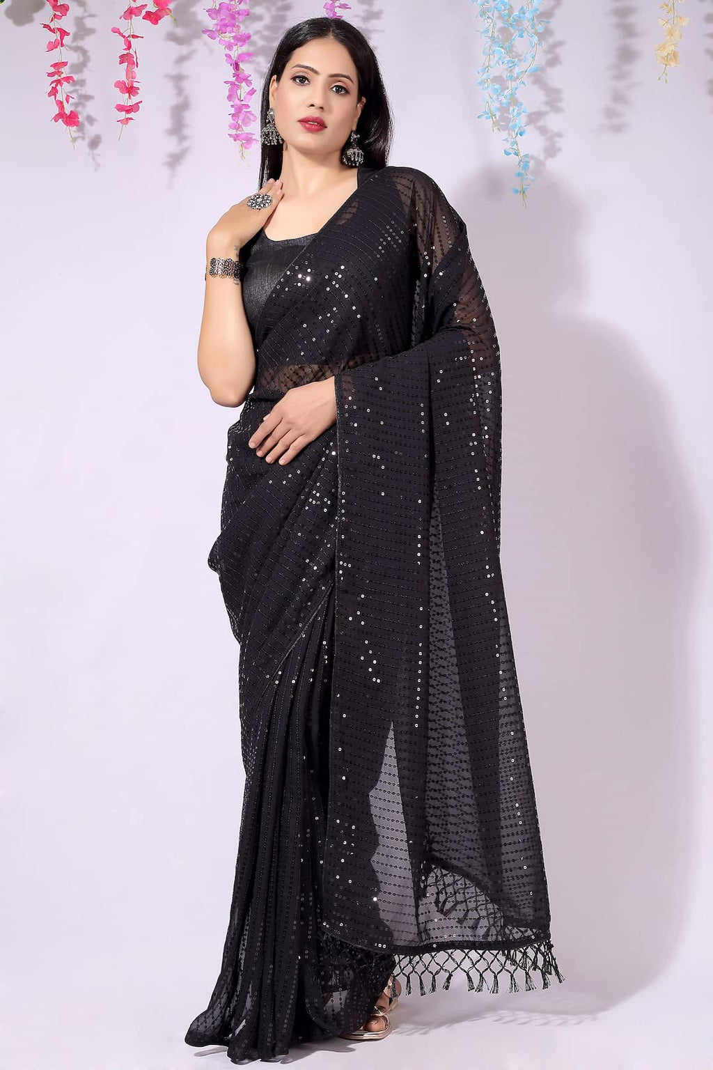 Shiv Textiles Womens Georgette Sequence Ready To Wear One Minute Saree for women With Unstitched Blouse.