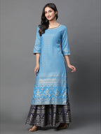 Aurelia Blue Foil Print Straight Long Kurta