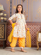 Aarika Girls Ethnic Wear Yellow-White Colour Floral Print Beads Work Polycrepe Kurti Patiala Set With Dupatta-3-13 Years (Pt-Shm