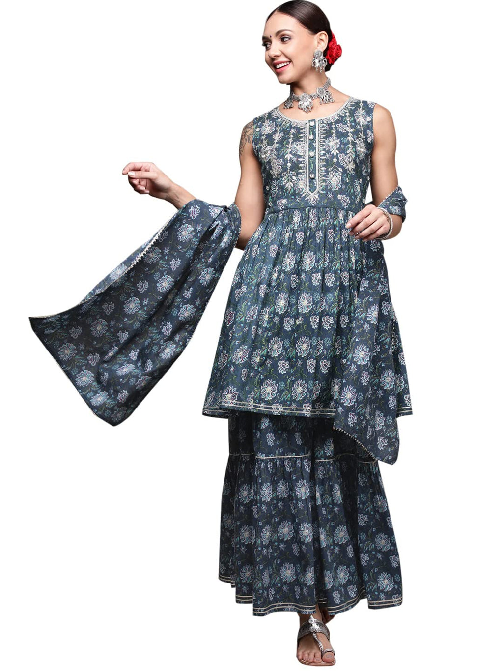 Anubhutee Women'S Cotton Navy Blue Floral Printed A-Line Kurta Suit Set With Sharara And Dupatta
