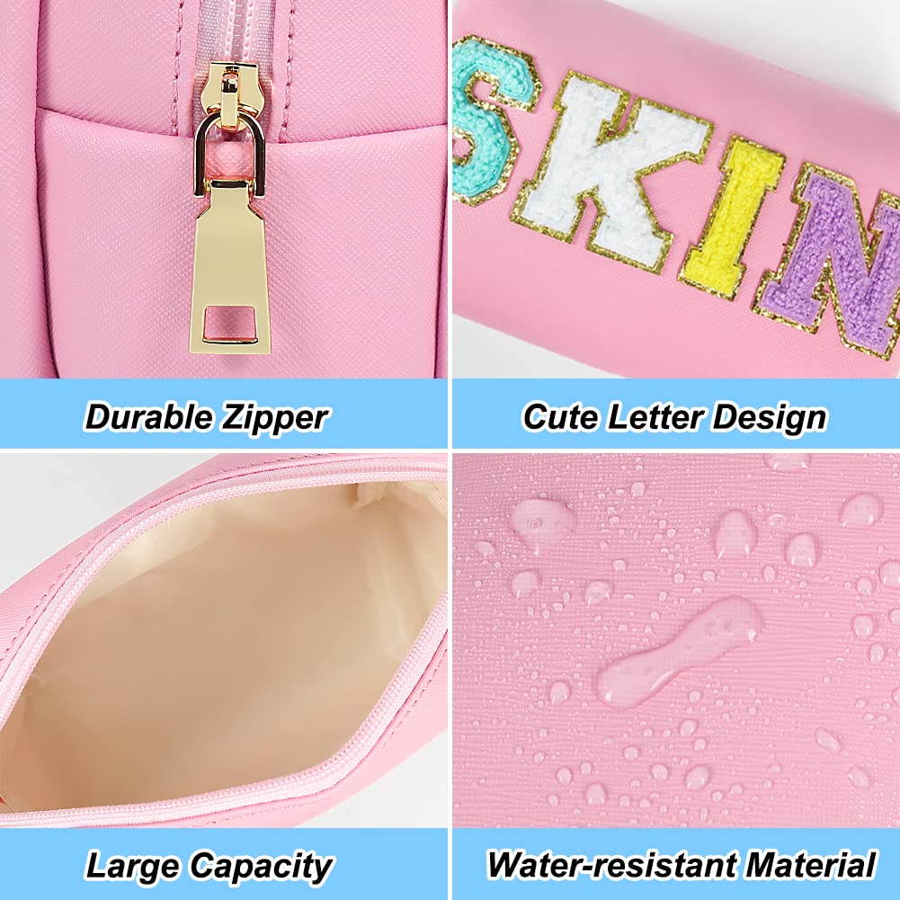 JOINDO Preppy Makeup Bag, Skin Makeup Bag,Chenille SKIN Letter Cosmetic Bag, PU Leather Skincare Toiletry Bag, Cute Travel Organ