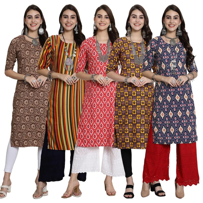 Pinkmint WomenS Crepe Kurti For WomenS Ethnic Printed Kurti For WomenS (Pack Of 5)
