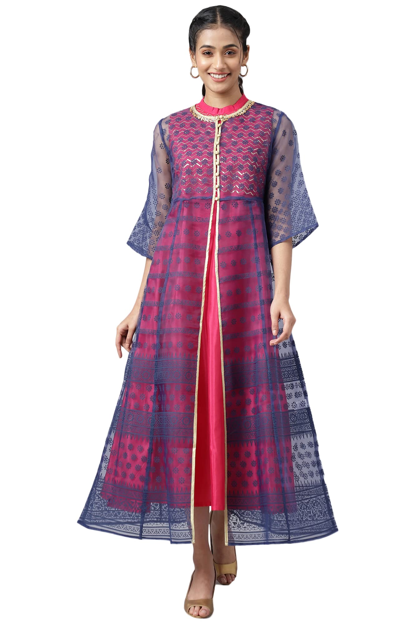 Aurelia WomenS Dark Blue A-Line Floral Printed Gilet With Embroidered Inner Kurta_22Aud10435-503229_Xl