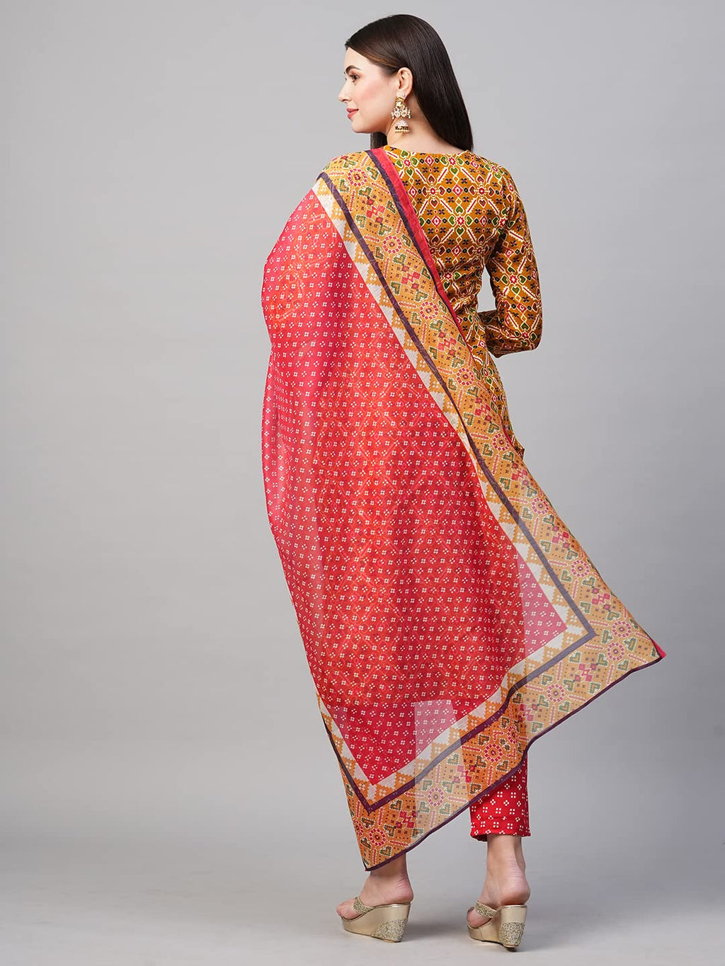 ANNI DESIGNER Womens Cotton Blend Printed Straight Kurta with Pant & Dupatta (Makshi Yellow_XL_Yellow_X-Large)