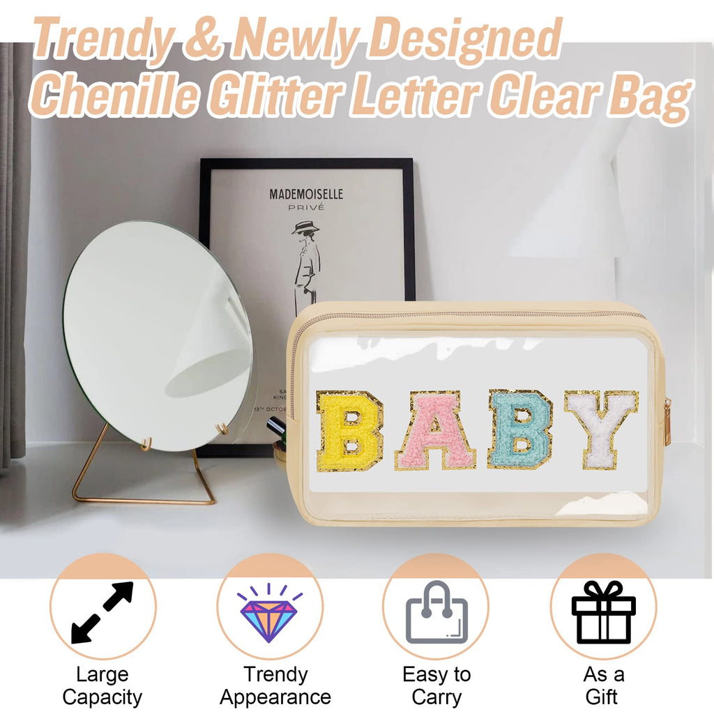 Chenille Letter Clear Makeup Bag with Zipper and Waterproof Nylon