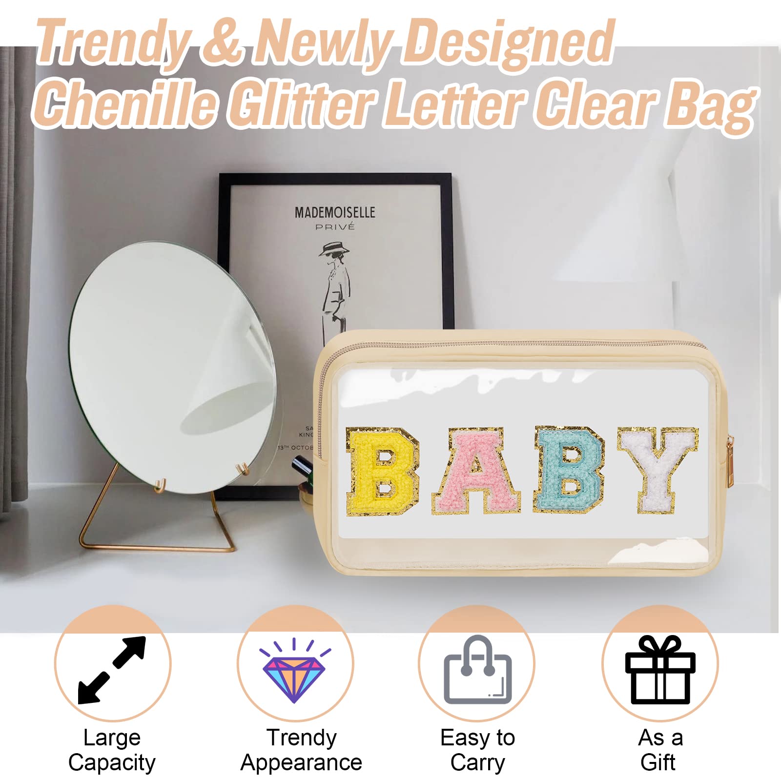 Chenille Letter Clear Makeup Bag with Zipper and Waterproof Nylon