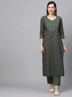 ANNI DESIGNER Womens Cotton Blend Printed Straight Kurta with Pant (Jinki-Light Green_M_Dark Blue_Medium)