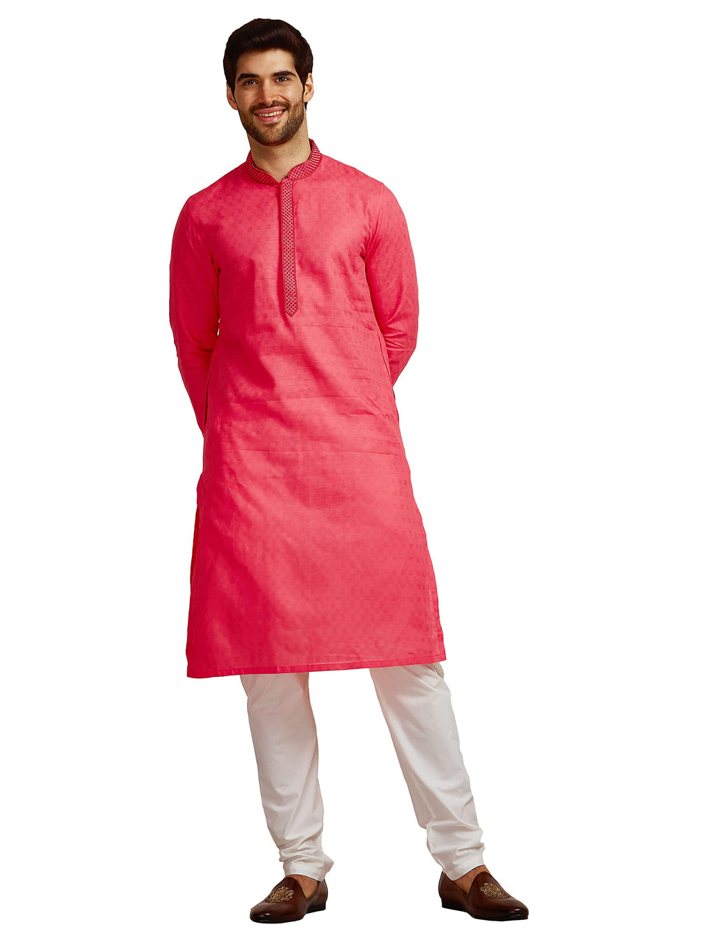 Manyavar Pink All Over Self Design Full Sleeve Cotton Kurta Set | Traditional Kurta Set For Men (XL)
