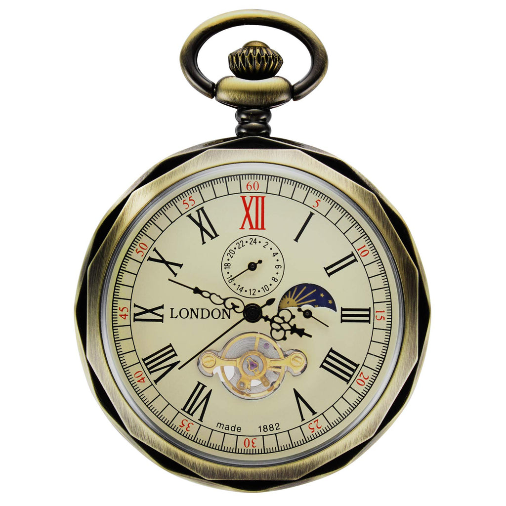TREEWETO Mechanical Pocket Watches Bronze Roman Numerals Open Face with Chain Men 24-Hour Moon Sun + Box