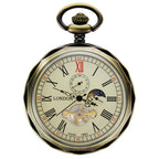 TREEWETO Mechanical Pocket Watches Bronze Roman Numerals Open Face with Chain Men 24-Hour Moon Sun + Box