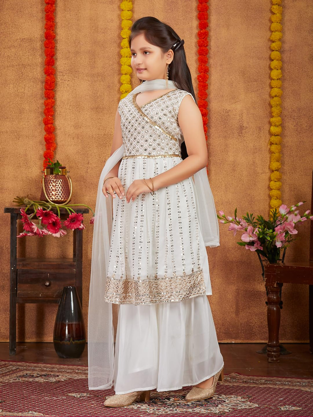 Aarika Girls Ethnic Wear Off White Colour Sequins Zari Embroidery Georgette Kurti Sharara Set (6-13 Years)