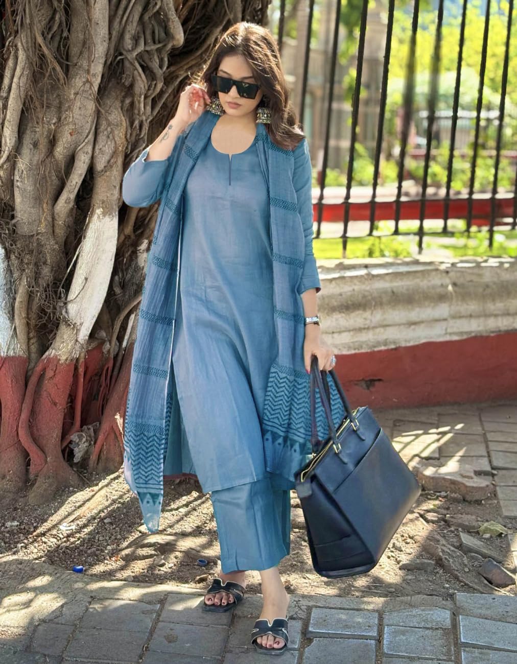 ANNI DESIGNER Womens Rayon Blend Straight Solid Kurta with Pant & Dupatta (Raja Saab Light Blue_XXL_Light Blue_XX-Large)