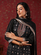 Ishin Women'S Poly Silk Ethnic Motifs Foil Print Black Straight Kurta Suit Set With Trousers & Dupatta
