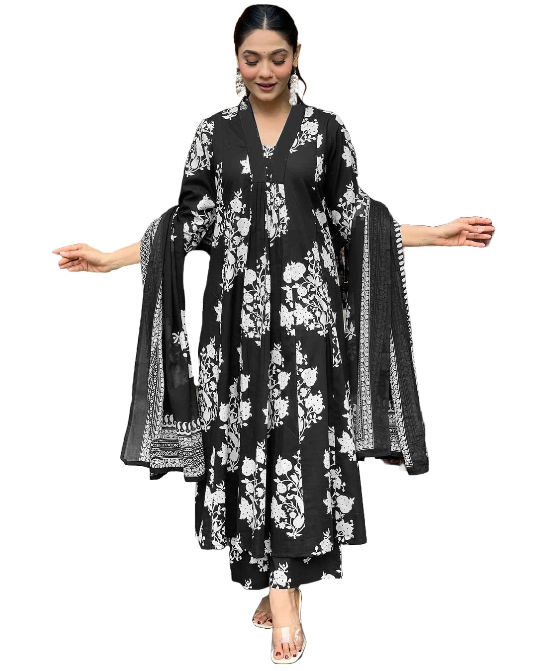 ANNI DESIGNER Women s Anarkali Viscose Kurta with Trousers and Dupatta, Black, 2XL