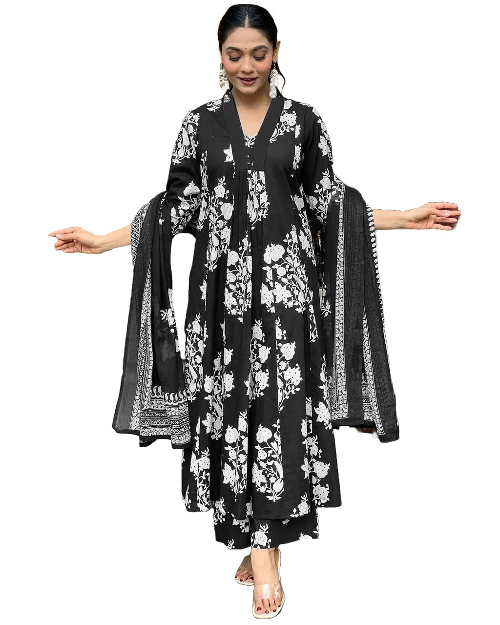 ANNI DESIGNER Womens Rayon Viscose Anarkali Printed Kurta with Pant & Dupatta (Jasiwal Black_L_Black_Large)