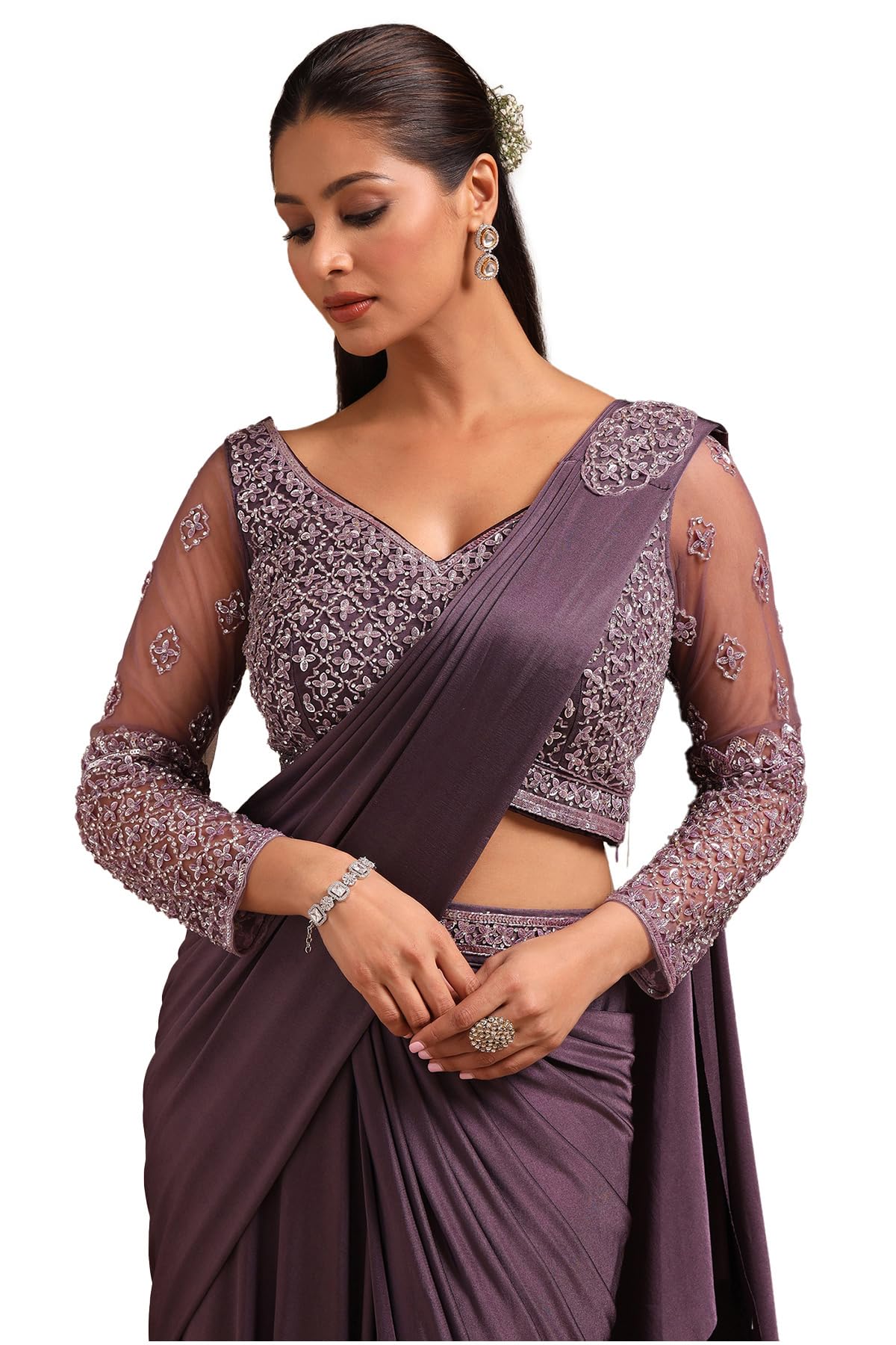 Soch Women Nylon Blend Solid Ready-to-Wear Saree with Cutdana