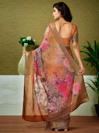 Satrani WomenS Linen Zari Border Printed Ready To Wear One Minute Pre Pleated Readymade Saree With Unstitched Blouse Piece (33R