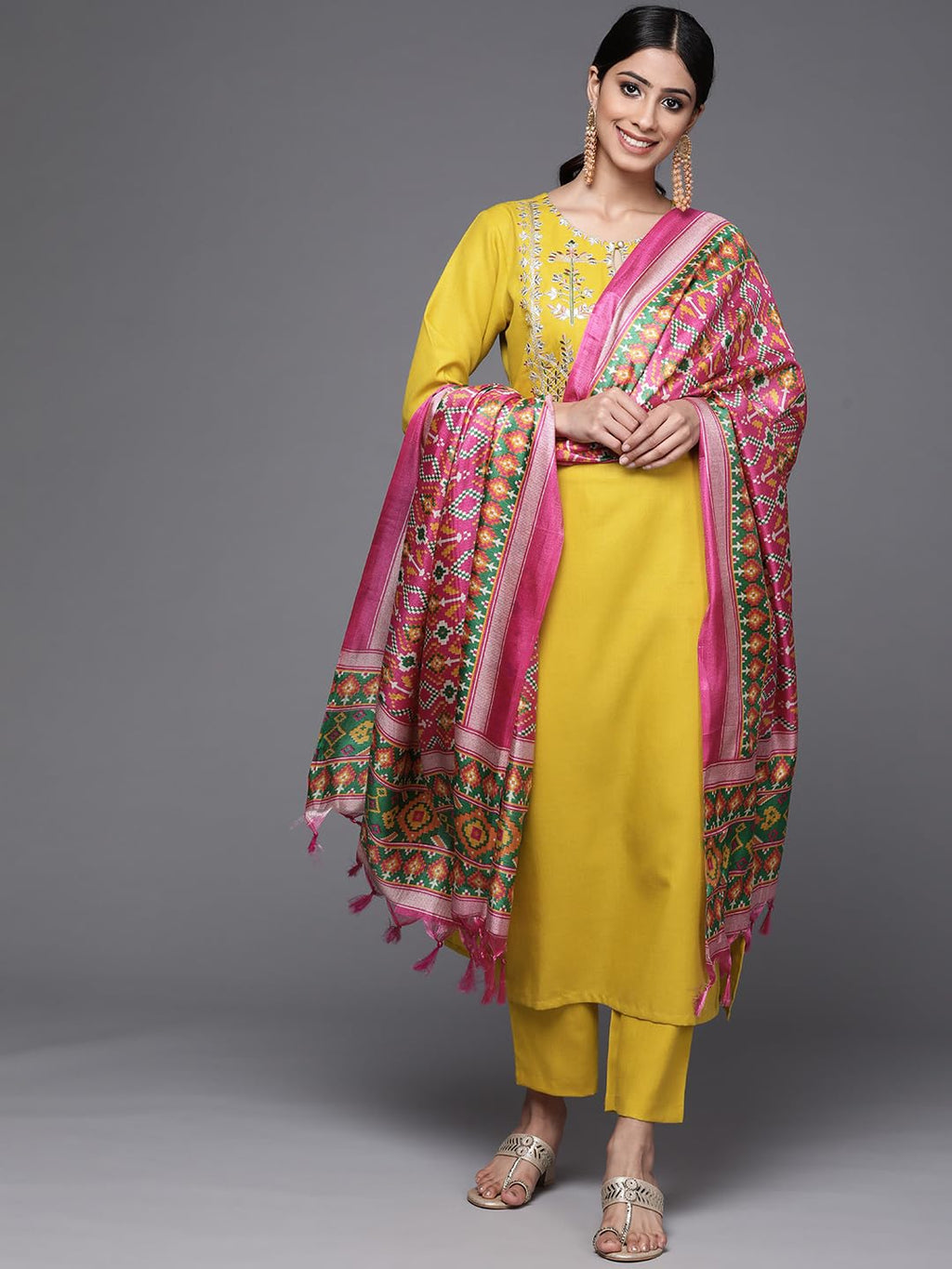 Varanga Women Yellow Yoke Design Kurta With Trousers And Dupatta Set  Embroidered Straight Kurta With Round Collar, Three-Quarte