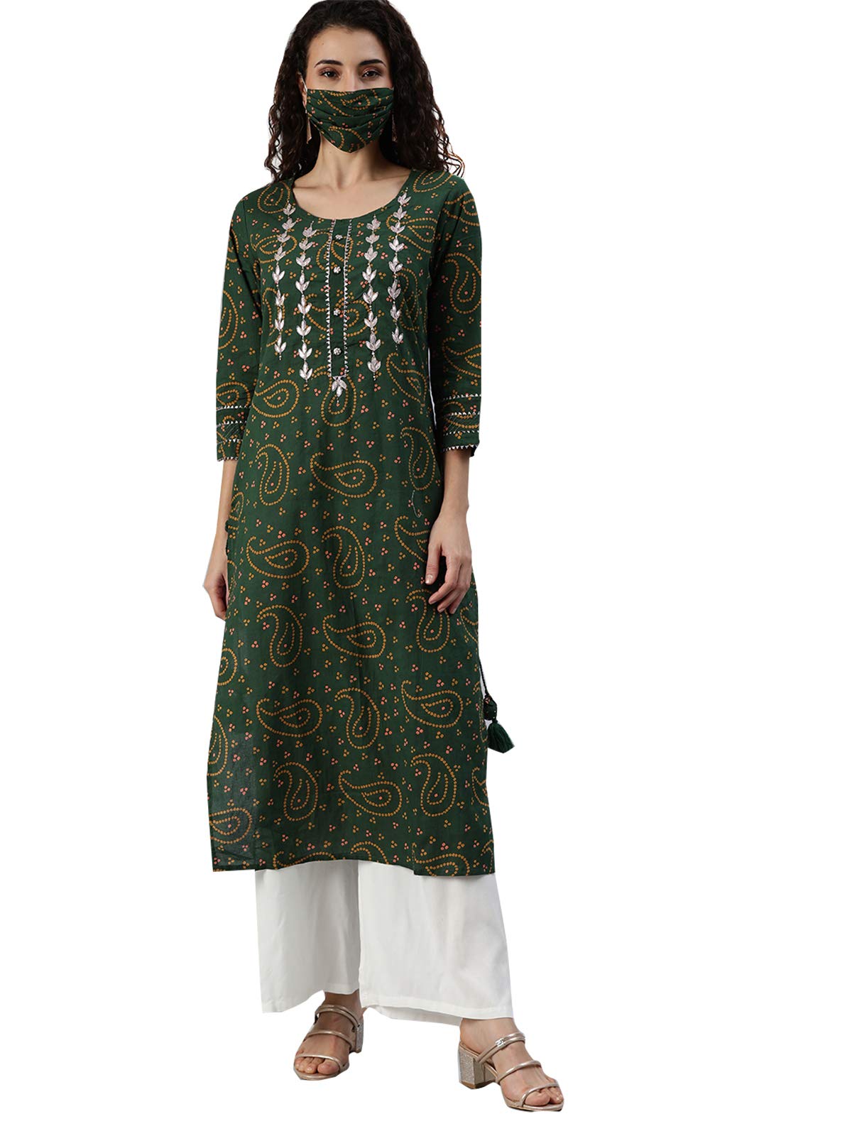 Ishin Women'S Cotton Green Yoke Design Bandhani A-Line Kurta