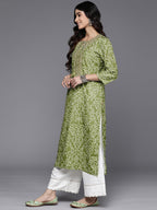 Varanga Women Olive Bhandhani Print Gota Yoke Embroidered Kurta With Round Neck, Tassel Detailing, Three-Quarter Sleeves, Straig
