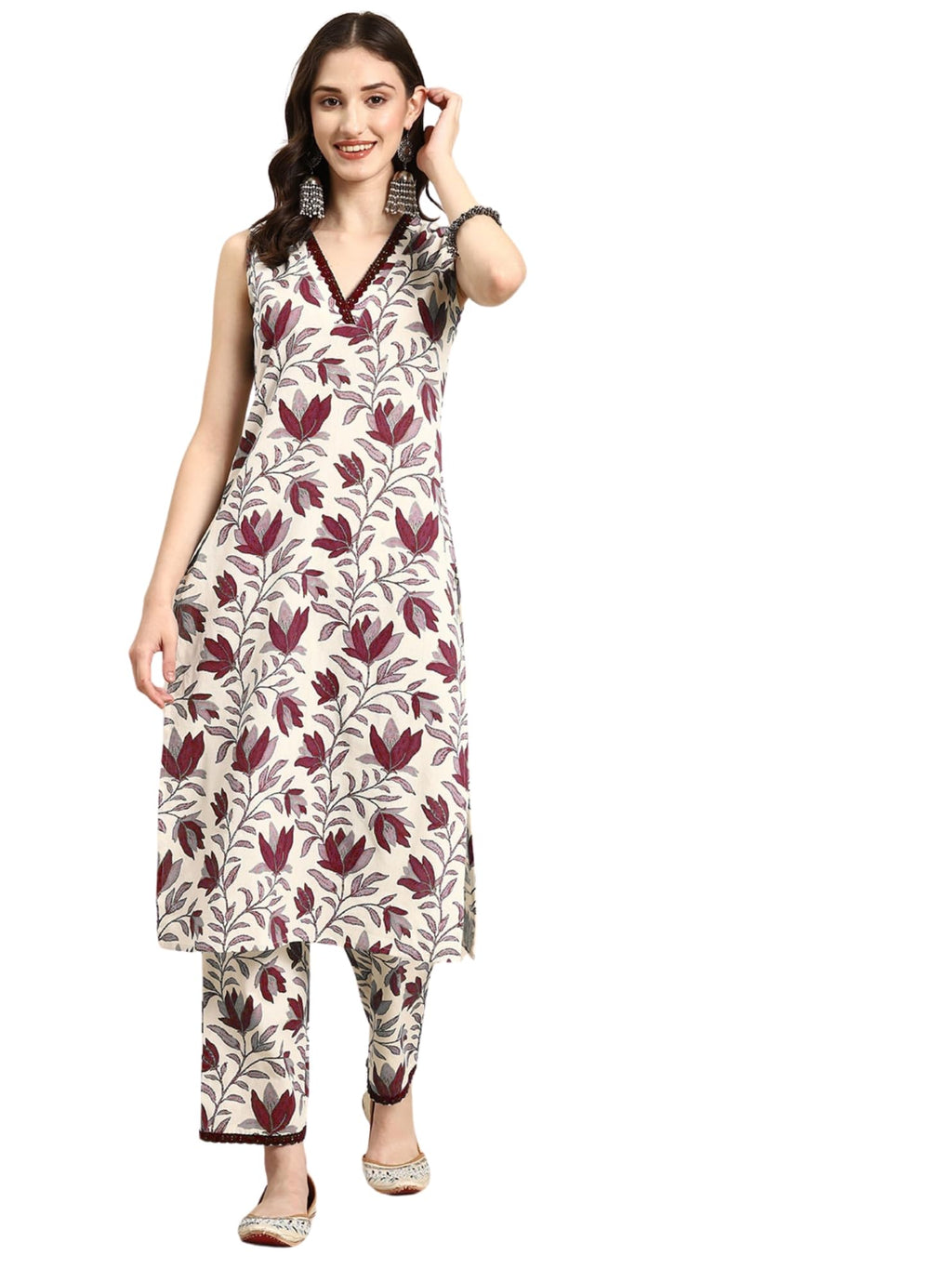 SMOWKLY V-Neck Sleeveless Kurta for Women (1433_MRN_XL) Red