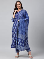 ANNI DESIGNER Womens Cotton Blend Floral Printed Straight Kurta with Pants & with Dupatta (Bulgeriya Blue-NW_5XL_Blue_XXXXX-Lar