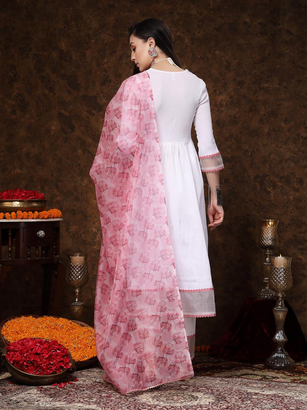 Stylum WomenS White Solid & Embroidered Italian Crush Anarkali Kurta Pant Dupatta Set