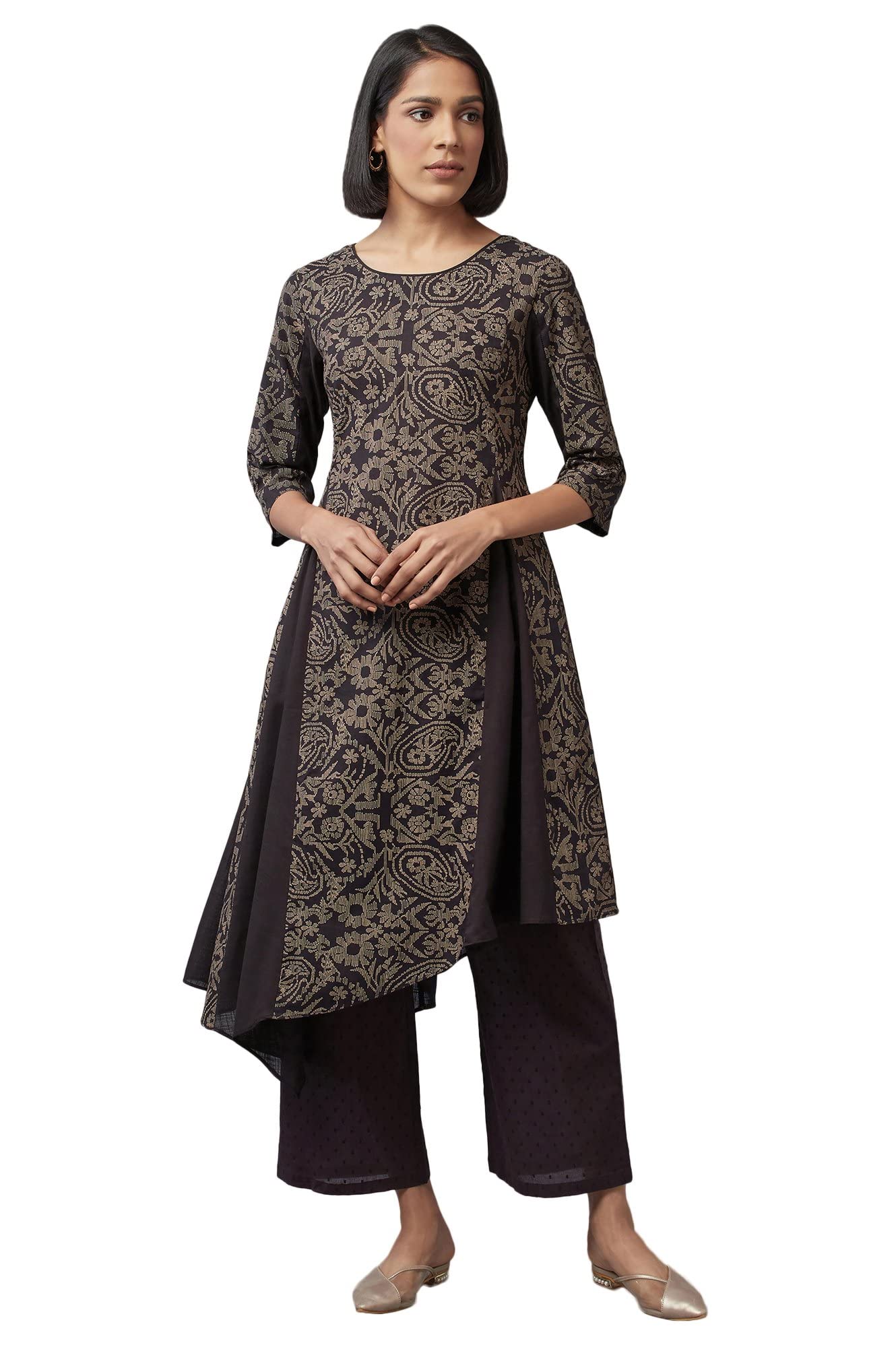 W Black Paisley Printed Cotton Stylised Kurta For Women'S Fashion