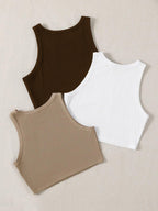 Toochki Tops for Woman | Spandex Top | Crop | Short | Western | for Jeans | Sleeveless | Stretchable | Pack of Three | Beige-Whi