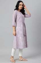 W For Woman Purple Floral Printed Cotton Regular Kurta With Thread Embroidery