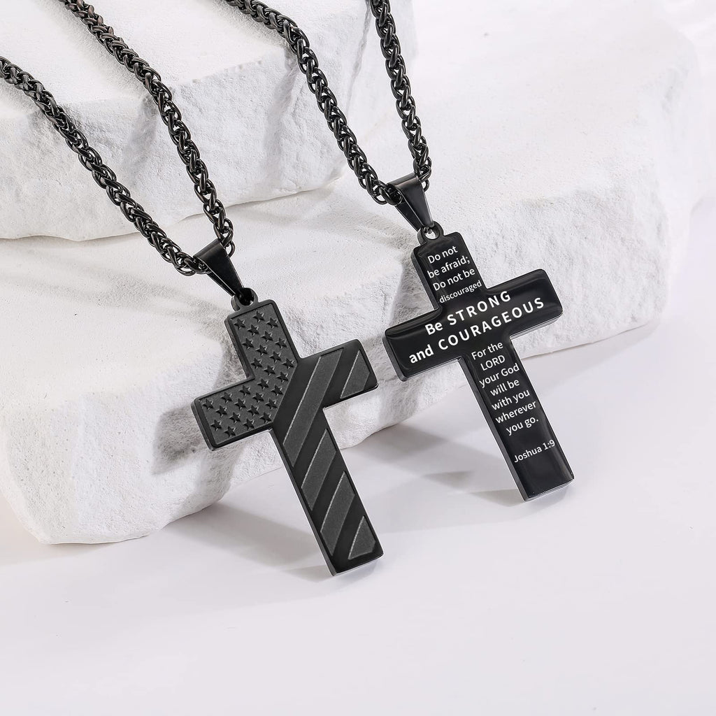 DuoDiner Black Cross Necklace for Men Boys Pendant Chain American Flag Joshua 1:9 Baptism Religious Christian First Communion Co