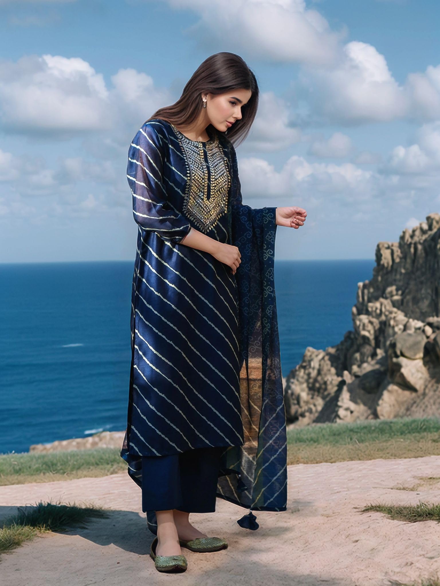 Gosriki Women'S Rayon Viscose Straight Leheriya Printed Kurta With Pant & Dupatta