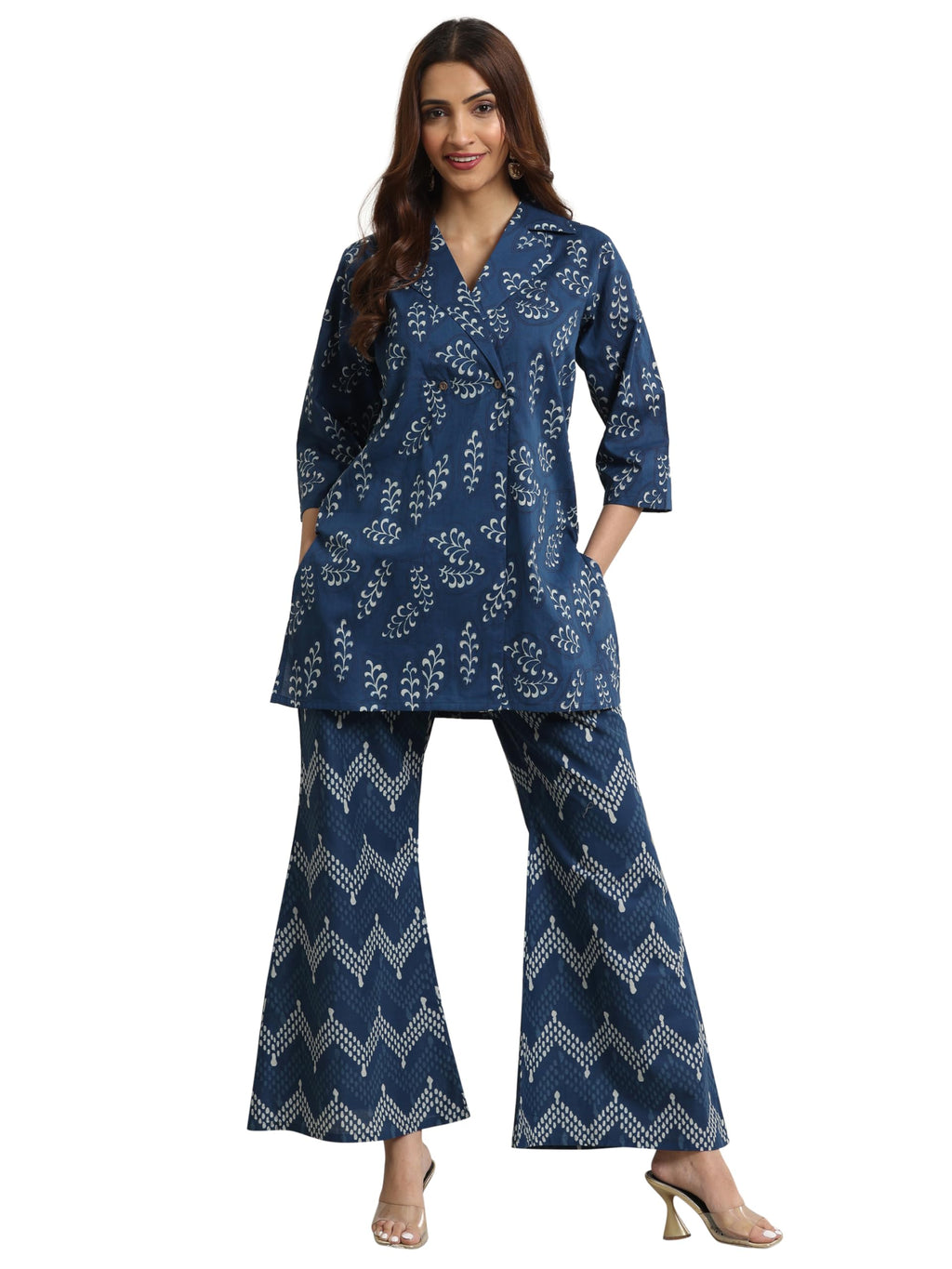 Libas Indigo Floral Printed Front Open Tunic With Chevron Printed Palazzo