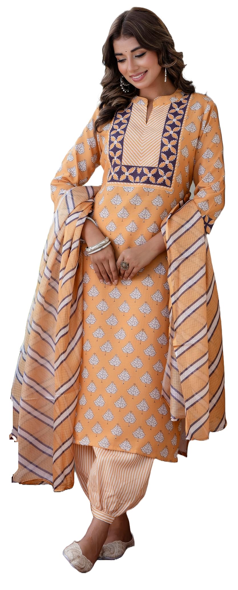 Yashika Women 's Cotton Blend Dupatta Kurta Afghani Set - Ethnic Elegance Incarnated | Perfect Fusion of Tradition and Style, Ye