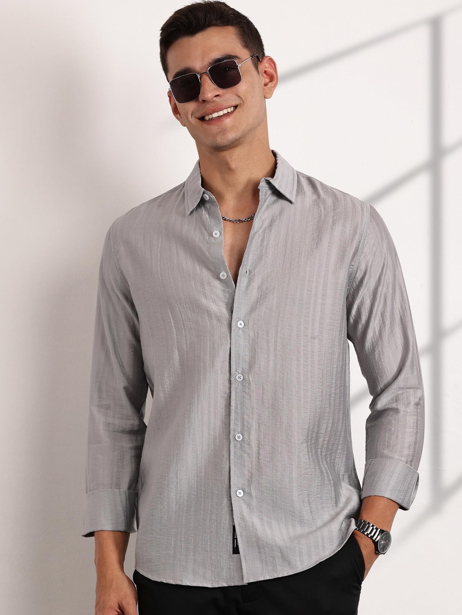Thomas Scott Slim Fit | Long Sleeve | French Placket | 100% Cotton | Solid Colors | Shirts for Mens Grey