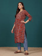 Varanga Women Ethnic Jaipuri Printed V Neck Fashion Sleeve Straight Kurta Red